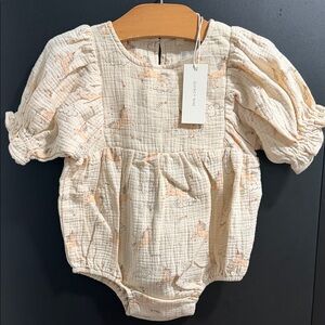 Quincy Mae Cream Muslin Baby Romper with Peach Star & Unicorn Print